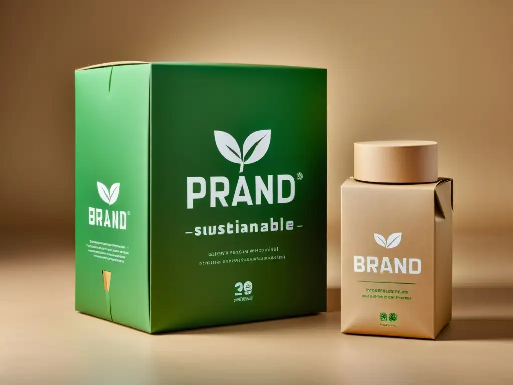 Logotipo de marca sostenible en packaging ecológico, reflejando desarrollo sostenible en marcas con colores naturales y líneas limpias