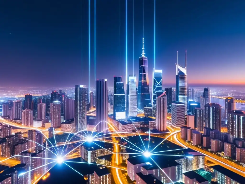 Lucha contra la piratería de propiedad intelectual: Una ciudad futurista iluminada por rascacielos y redes digitales brillantes en la oscuridad