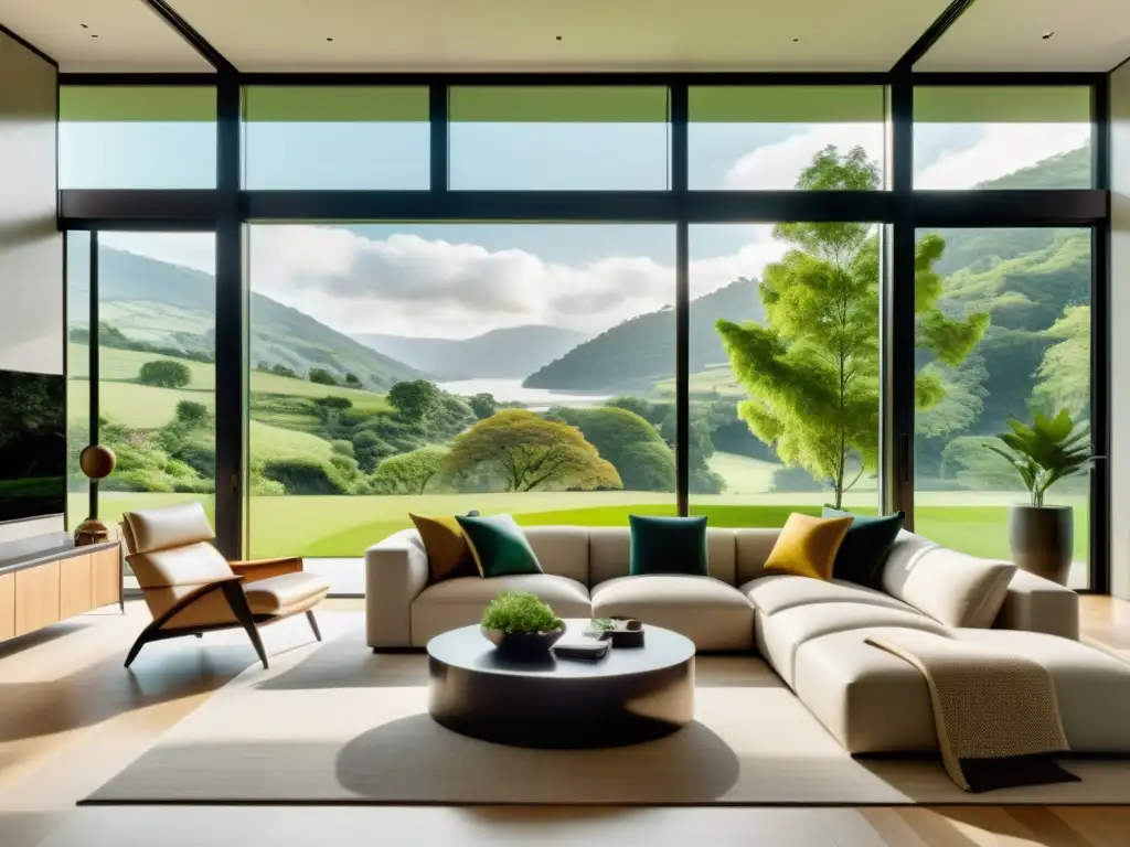 Una lujosa sala de estar moderna con ventanales de piso a techo que dan a un exuberante paisaje verde