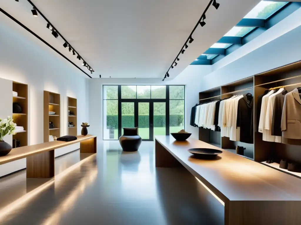 Un lujoso atelier de moda sostenible con diseño minimalista y materiales ecofriendly, resaltando la exclusividad y compromiso con la propiedad intelectual