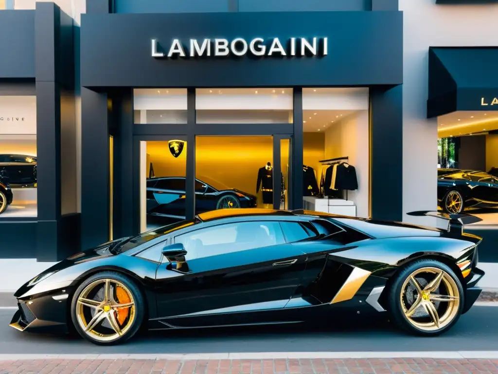 Lamborghini negro frente a boutique de lujo al atardecer Un lujoso Lamborghini negro frente a una boutique de alta gama al atardecer, reflejando exclusividad y lujo