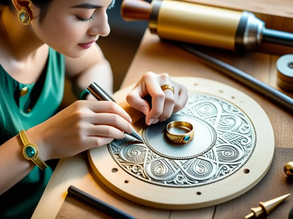Un maestro artesano preservando diseños clásicos con propiedad intelectual en una joya, rodeado de herramientas y bocetos antiguos