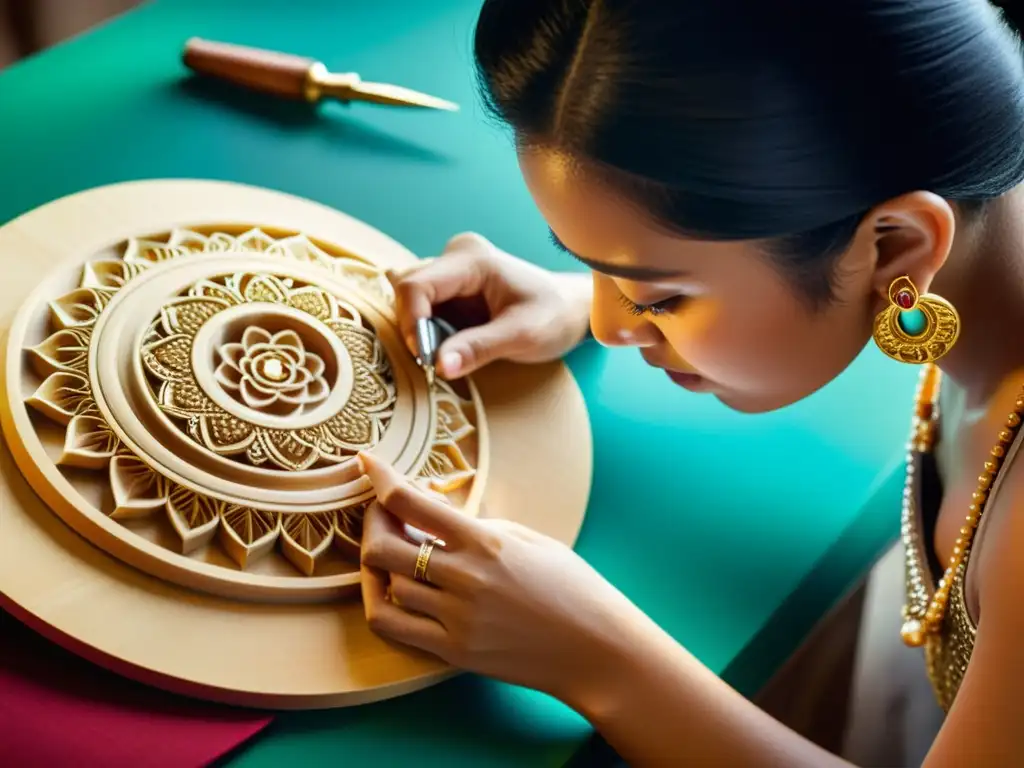 Un maestro artesano talla con meticulosidad detalles en una joya, preservando diseños clásicos con propiedad intelectual