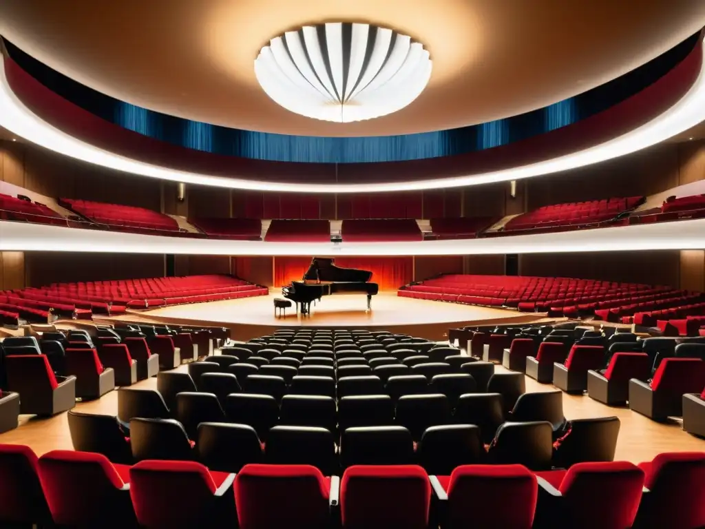 Una majestuosa sala de conciertos con elegantes filas de butacas rojas, un escenario iluminado por cálidos focos y un piano de cola en el centro