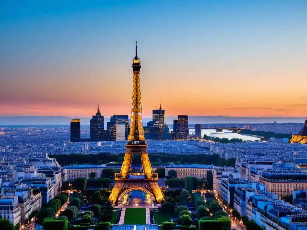 La majestuosa Torre Eiffel iluminada por luces doradas al atardecer, reflejando el impacto del Convenio de París en la propiedad industrial