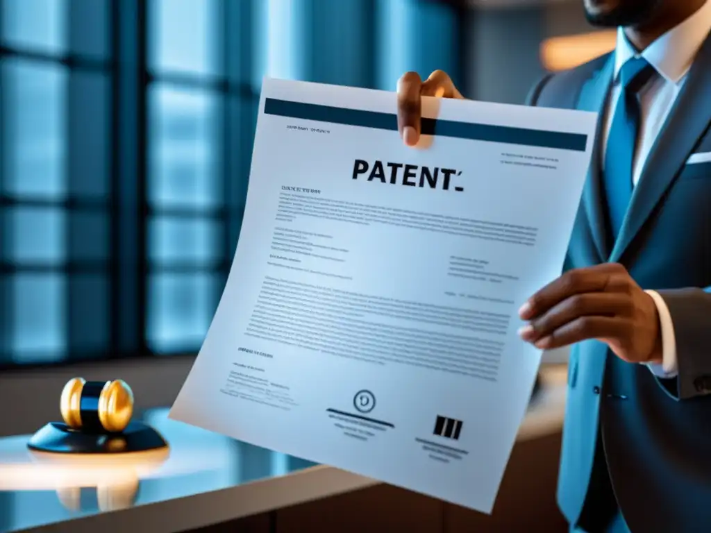 Mano de abogado sostiene documento de patente en oficina moderna, reflejando asesoramiento legal en patentes innovadoras y profesionales
