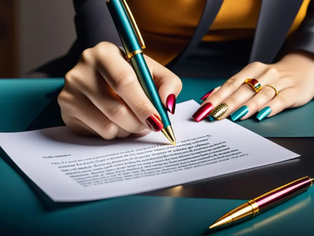 Mano de artista firmando contrato con pluma, detalle de trazos y textura del papel, joyas y uñas vibrantes