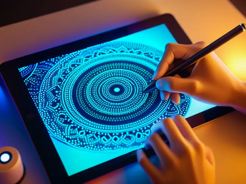 Mano de artista digital usando un lápiz para crear detalles en obra futurista