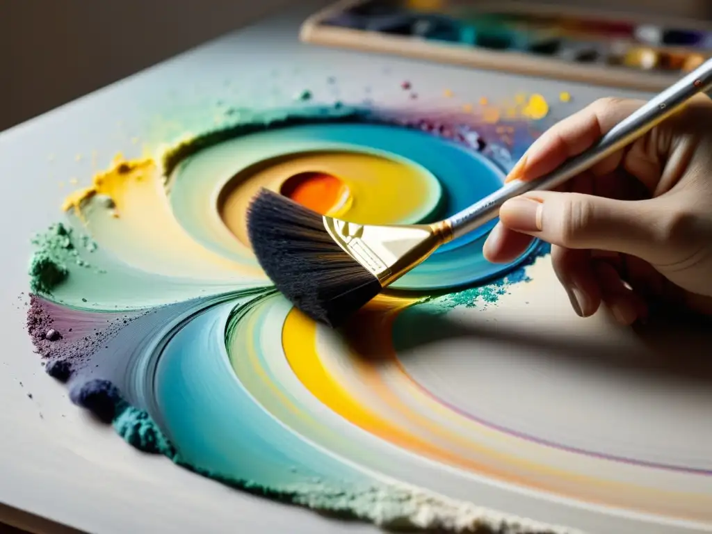 Mano de artista sosteniendo un pincel sobre paleta y lienzo en blanco, reflejando la protección del secreto profesional creativo