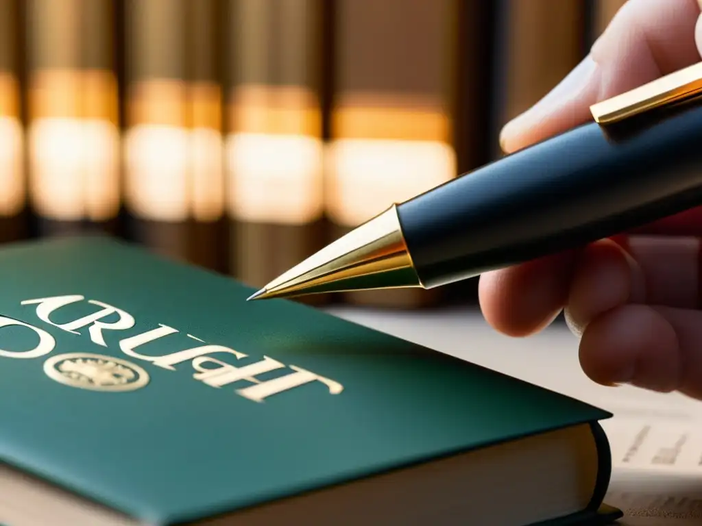 Una mano sostiene un bolígrafo sobre libros de leyes de derechos de autor para traducciones, con una luz cálida resaltando la importancia legal