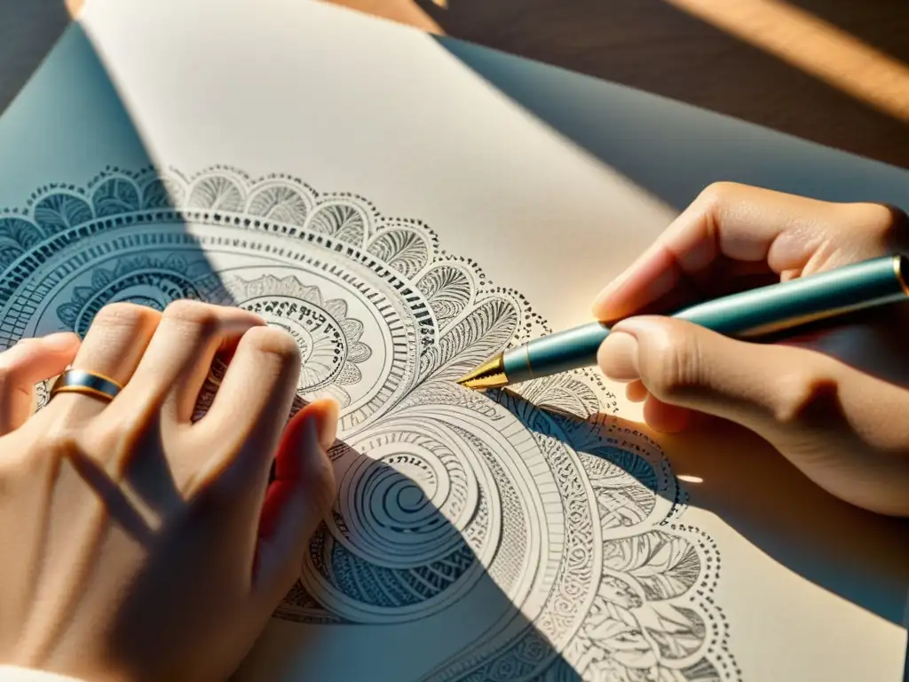 Una mano sostiene un bolígrafo sobre un papel con diseños detallados