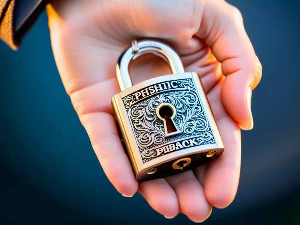 Mano sostiene candado con grabados detallados, simbolizando protección de propiedad intelectual contra phishing con estrategias de seguridad avanzadas