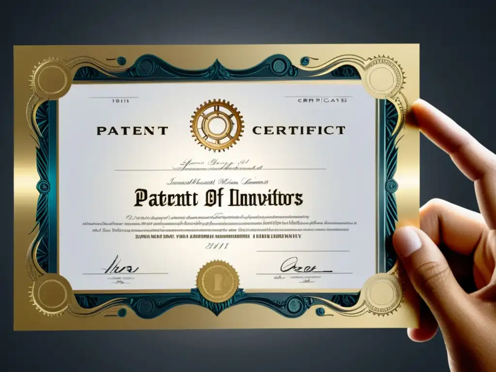 Mano sosteniendo certificado de patente con diseño innovador, simbolizando patentar como inventor independiente