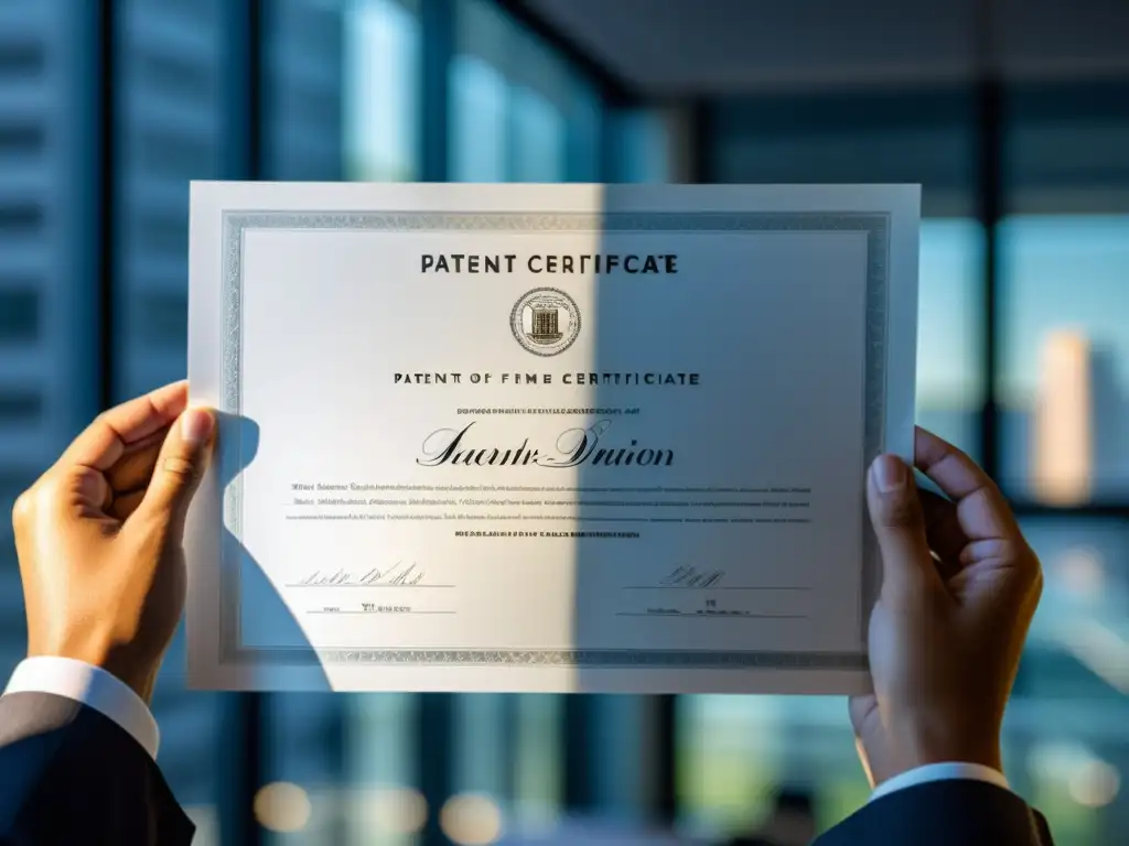 Mano sostiene certificado de patente en oficina moderna, irradiando profesionalismo y logro