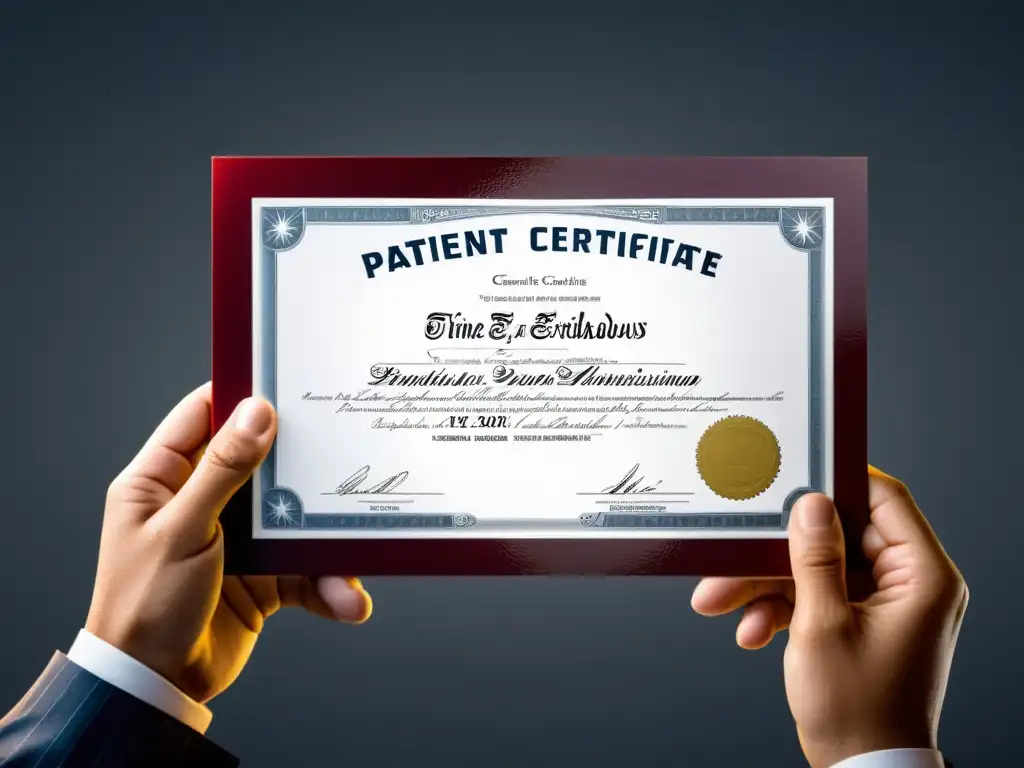 Una mano sostiene un certificado de patente, destacando el sello y el texto