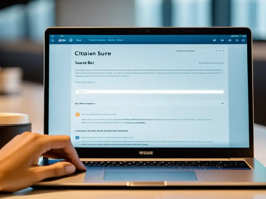 Mano tecleando citación de fuentes en línea en laptop moderno, con lista de citaciones legibles y ambiente minimalista y enfocado