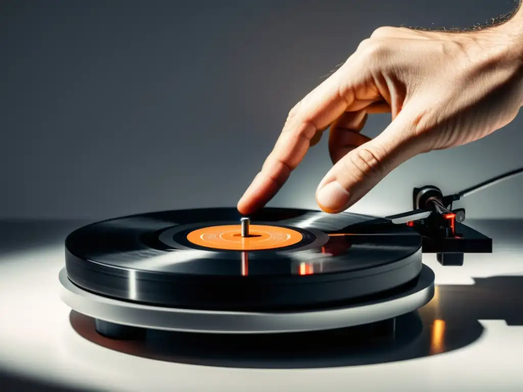 Una mano coloca con delicadeza un vinilo en un elegante tocadiscos minimalista