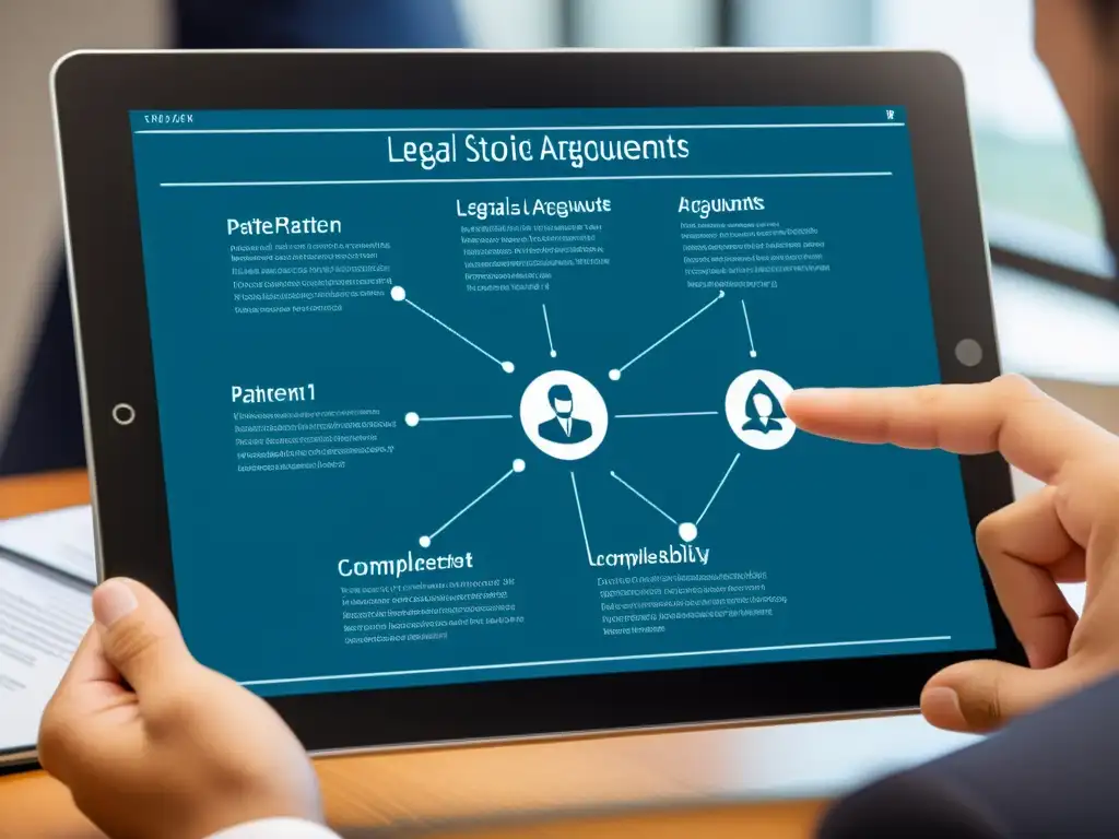 Mano señalando diagrama legal sobre litigios de patentabilidad sección 101 en tablet digital