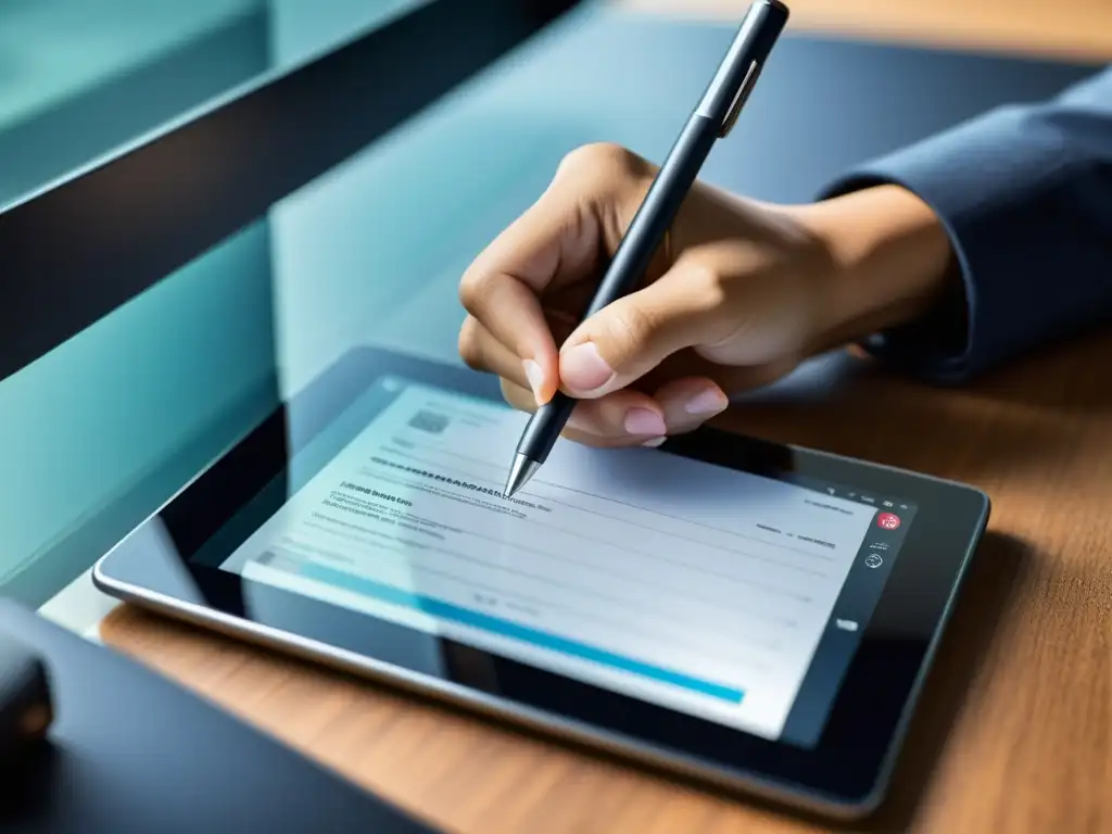 Una mano diligente completa un formulario de registro de marca en un elegante tablet