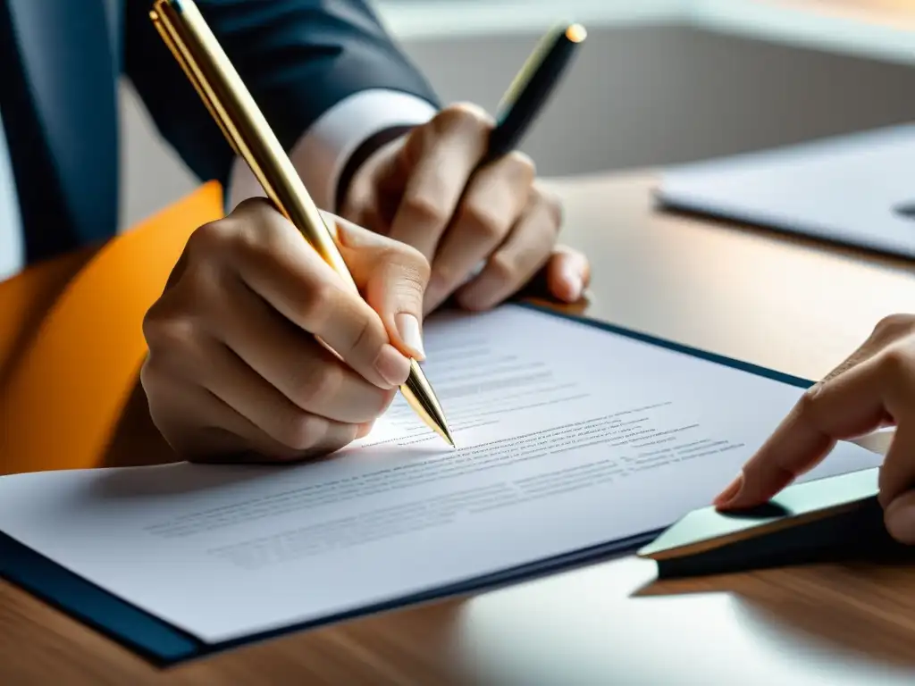 Contrato firmado con estilo: detalle de firma profesional Mano de diseñador firmando contrato con elegante pluma en escritorio minimalista