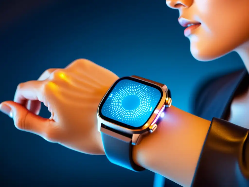 Una mano con un dispositivo wearable futurista, con diseño minimalista y pantalla de alta resolución