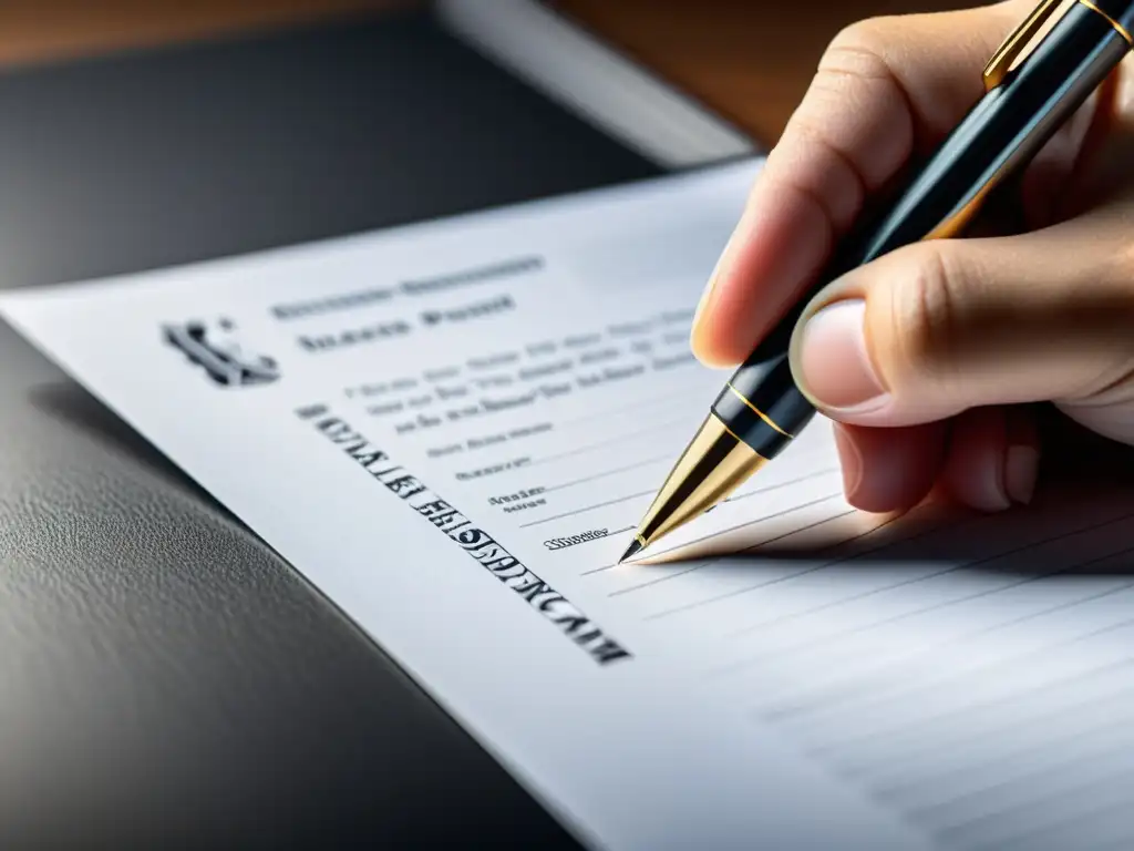 Una mano firmando un documento legal con un elegante bolígrafo, resaltando la importancia y profesionalismo