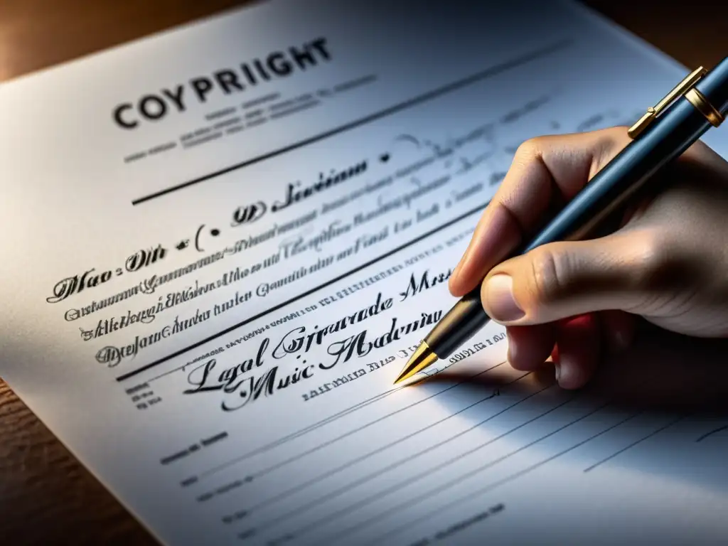 Mano firmando documento legal con pluma, reflejando la importancia de los derechos de autor en música en línea