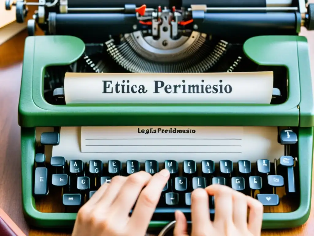 Una mano escribe con elegancia en una máquina de escribir vintage, mostrando la importancia de citar fuentes legalmente en el periodismo