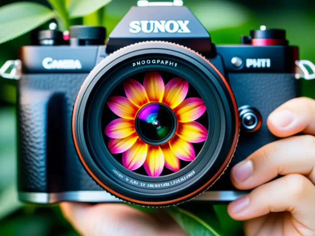 Mano de fotógrafo captura flor en macro Mano de fotógrafo pulsando el botón de la cámara para capturar una impresionante imagen macro de una flor vibrante