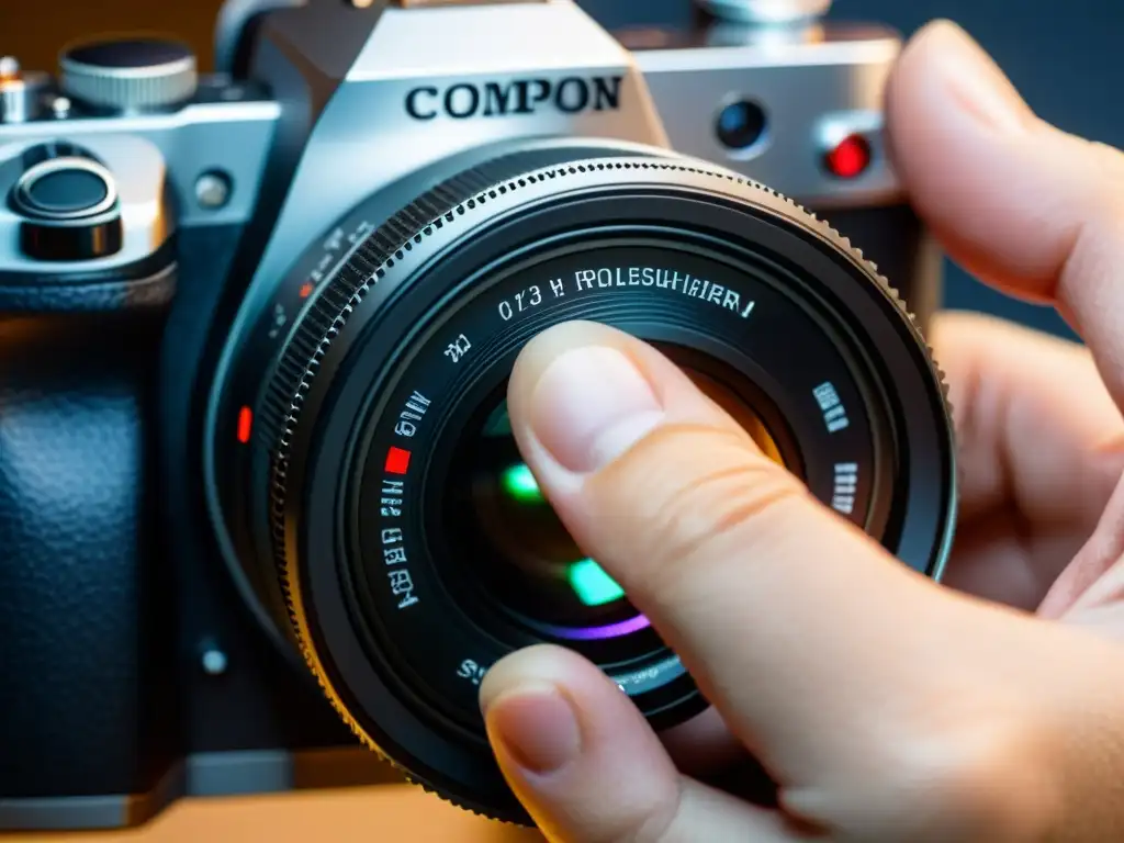 Mano de fotógrafo ajustando delicadamente la cámara digital, destacando la precisión y la preservación digital de fotografías derechos autor