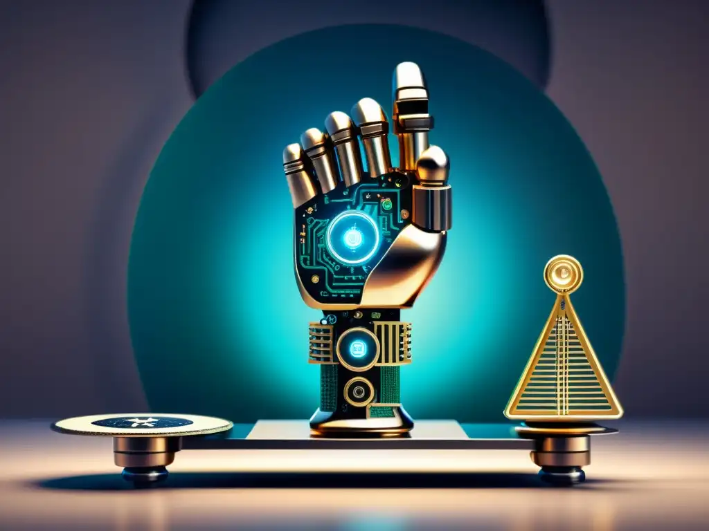 Mano robot futurista sostiene balanza, simbolizando la intersección entre Inteligencia Artificial, derechos y propiedad intelectual