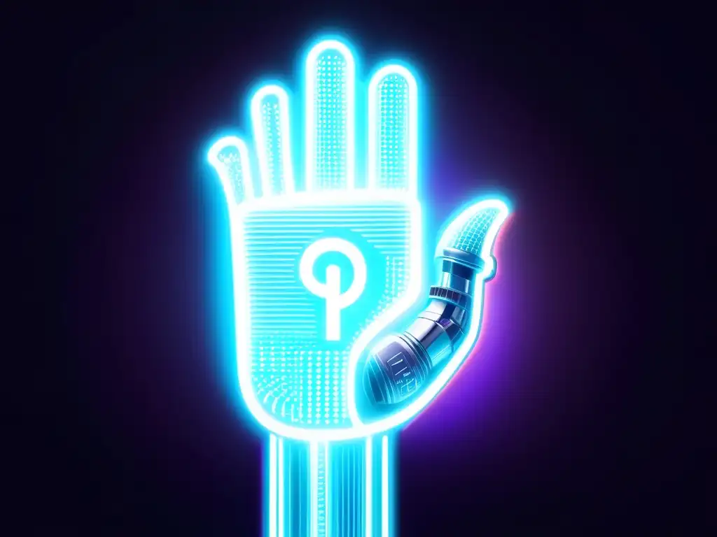 Una mano robot futurista sostiene un símbolo de copyright brillante, rodeado de líneas de código binario y circuitos tecnológicos