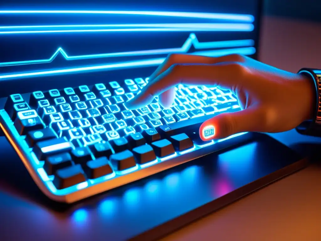 Mano con guante tecnológico escribiendo en teclado futurista con hologramas de ciberseguridad, protección propiedad intelectual