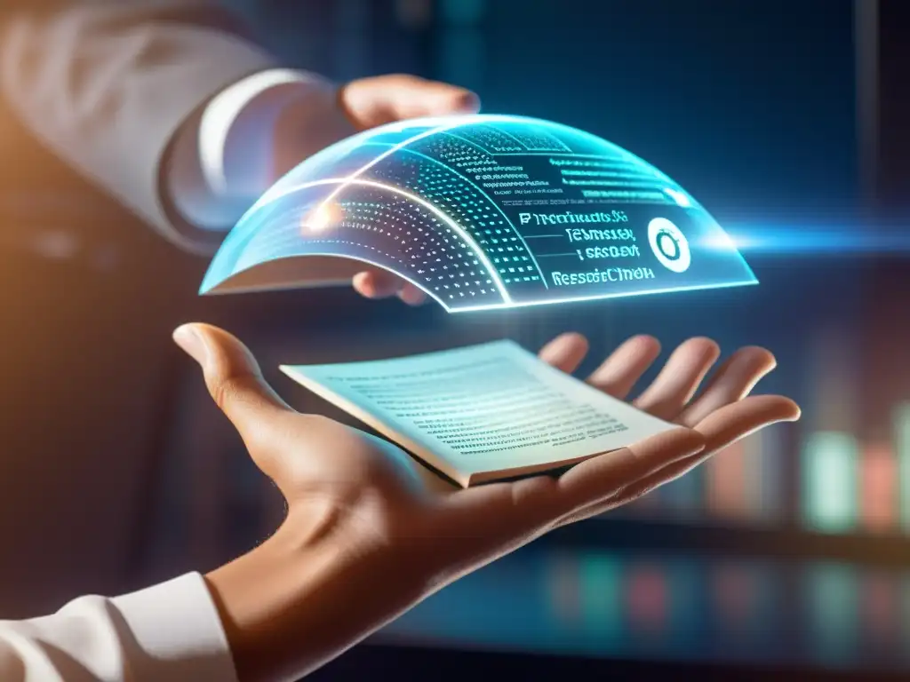 Mano sosteniendo holograma académico futurista Mano sostiene holograma de libros, patentes y ecuaciones, en espacio moderno