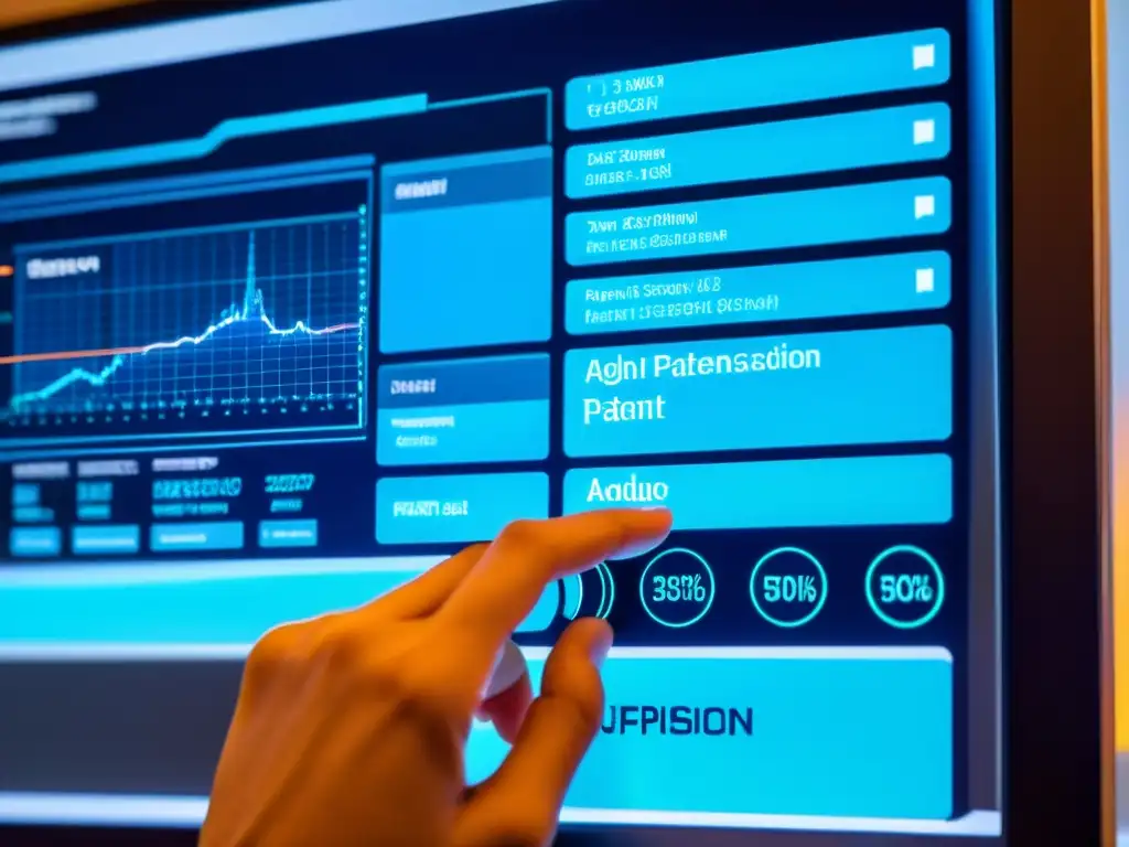 Mano usando interfaz táctil moderna para Búsqueda de antecedentes de patentes eficaz en un entorno profesional de alta tecnología