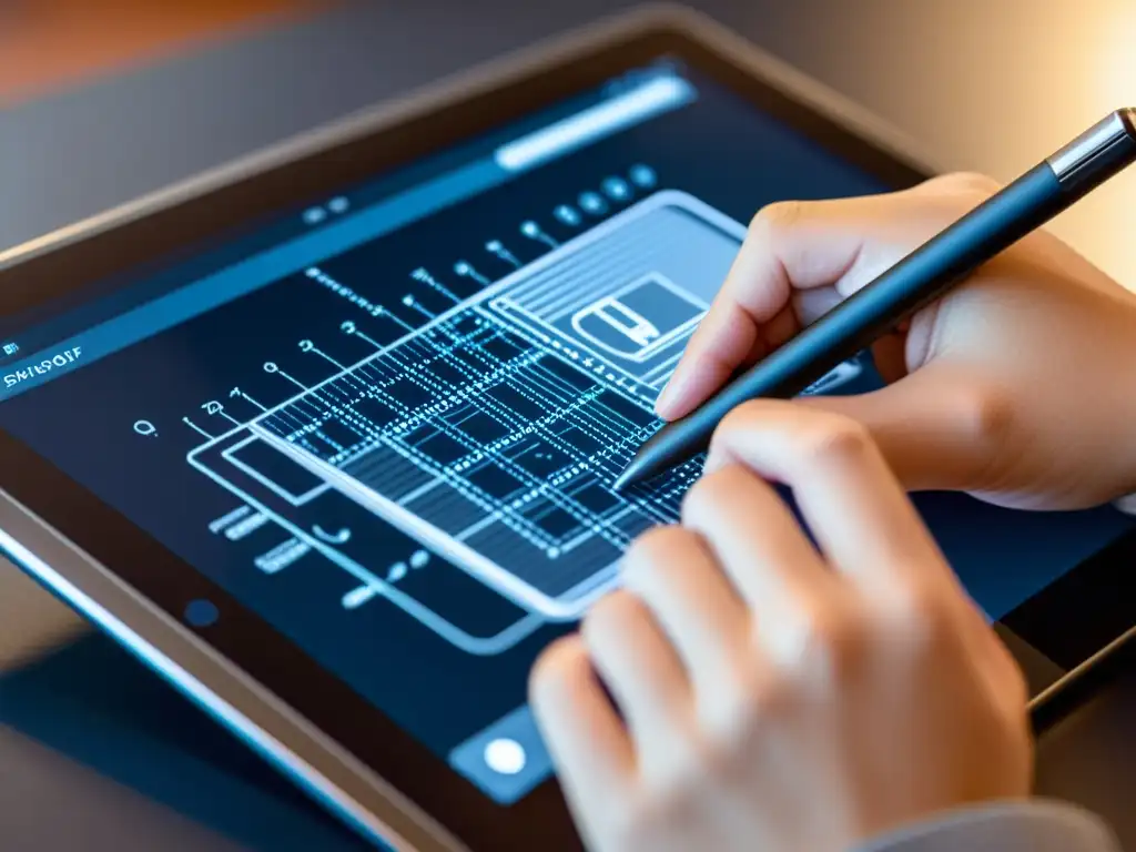 Mano usando un lápiz digital para redactar reclamación patente software efectiva, en un entorno moderno y minimalista