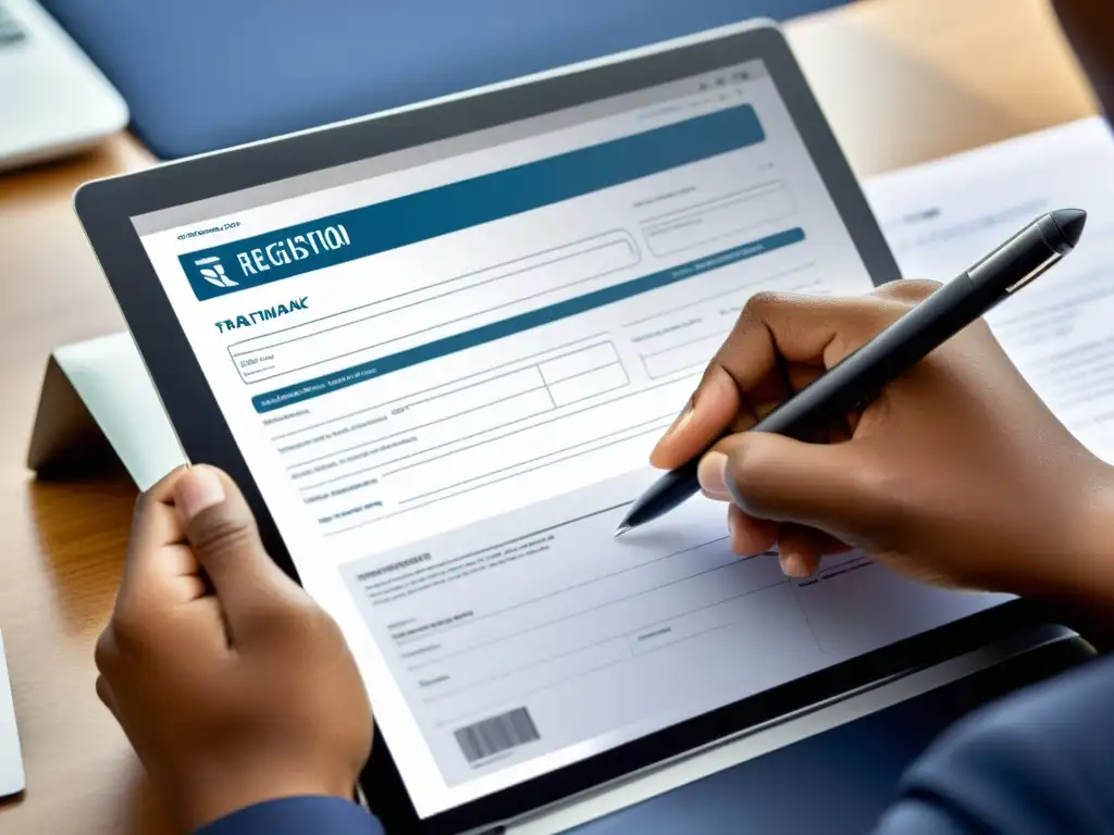 Una mano llena con precisión un formulario de registro de marca digital en una computadora moderna, evitando errores comunes