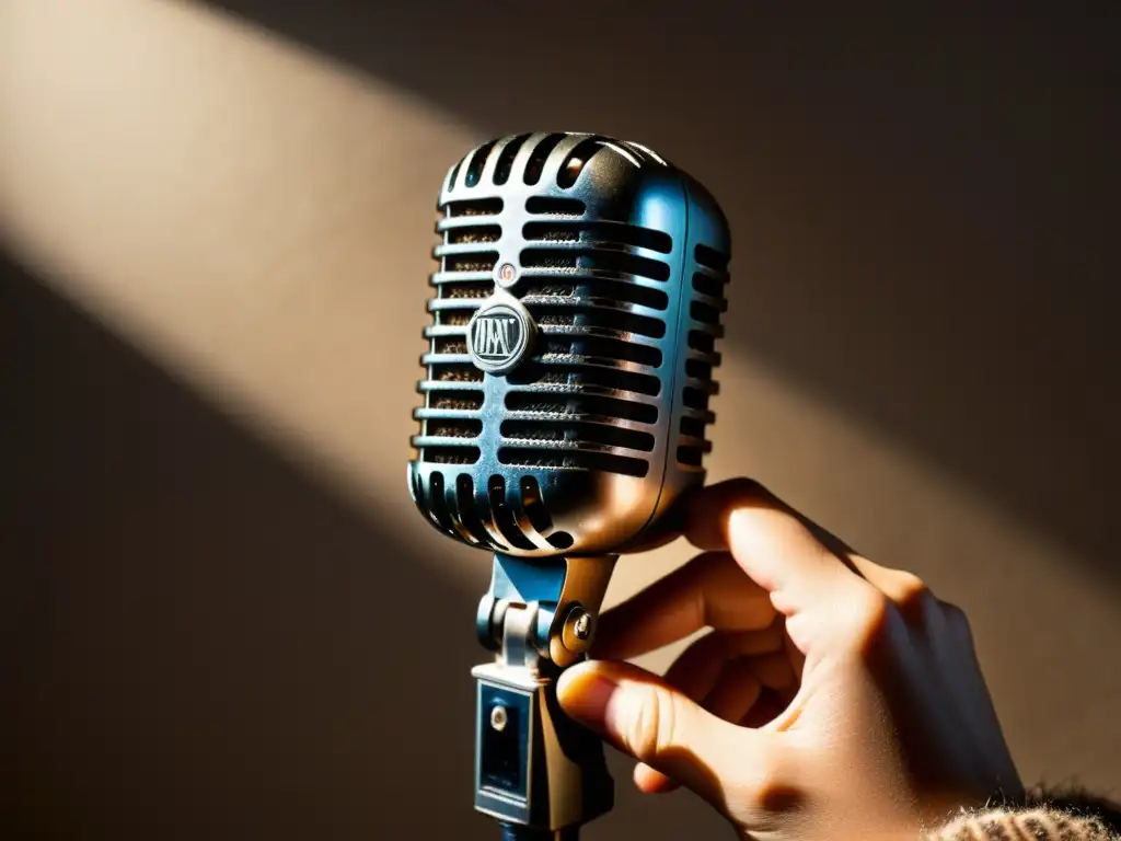 Una mano sostiene un micrófono vintage, destacando la importancia de los derechos de autor para publicar audiolibros