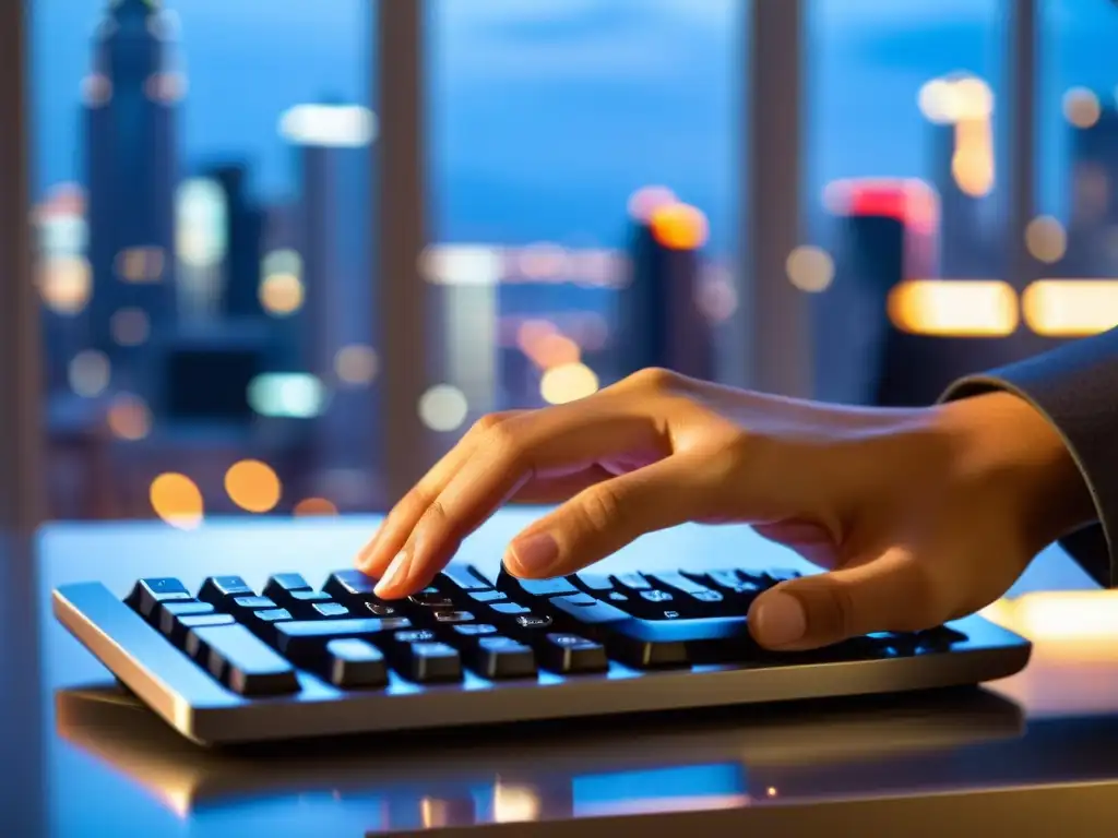 Mano tecleando en un moderno teclado, con ciudad borrosa de fondo