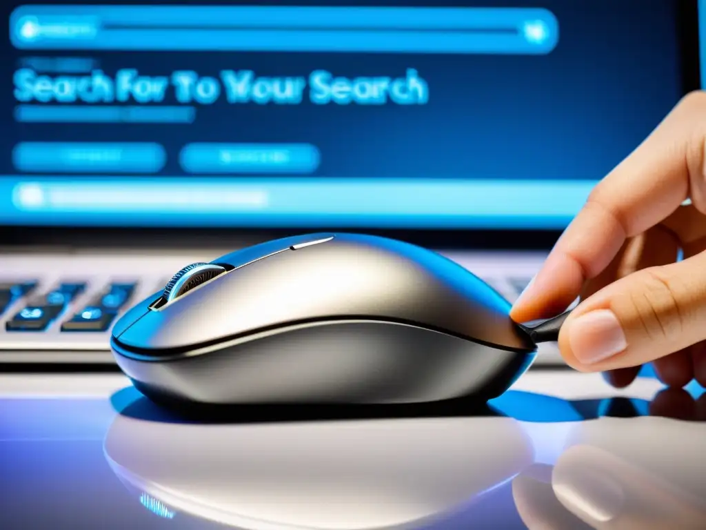 Mano usando un mouse moderno para búsqueda de antecedentes de marcas en pantalla de alta resolución con documentos legales y marcas