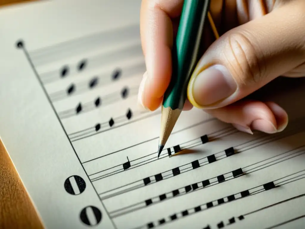 La mano de un músico documentando autoría de obras musicales en partitura en blanco, transmitiendo dedicación artística