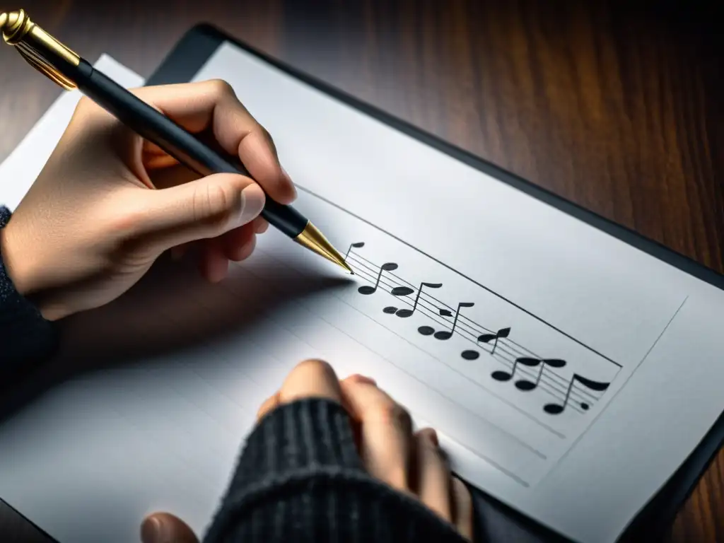 Mano de músico escribiendo notas musicales en partitura en un escritorio de madera, documentando autoría de obras musicales con precisión y arte