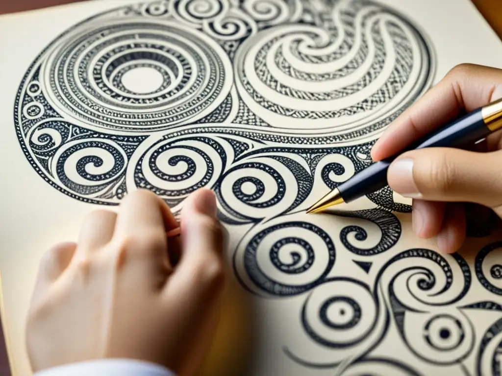 Mano sostiene pluma sobre papel texturizado con patrón de símbolos académicos entrelazados