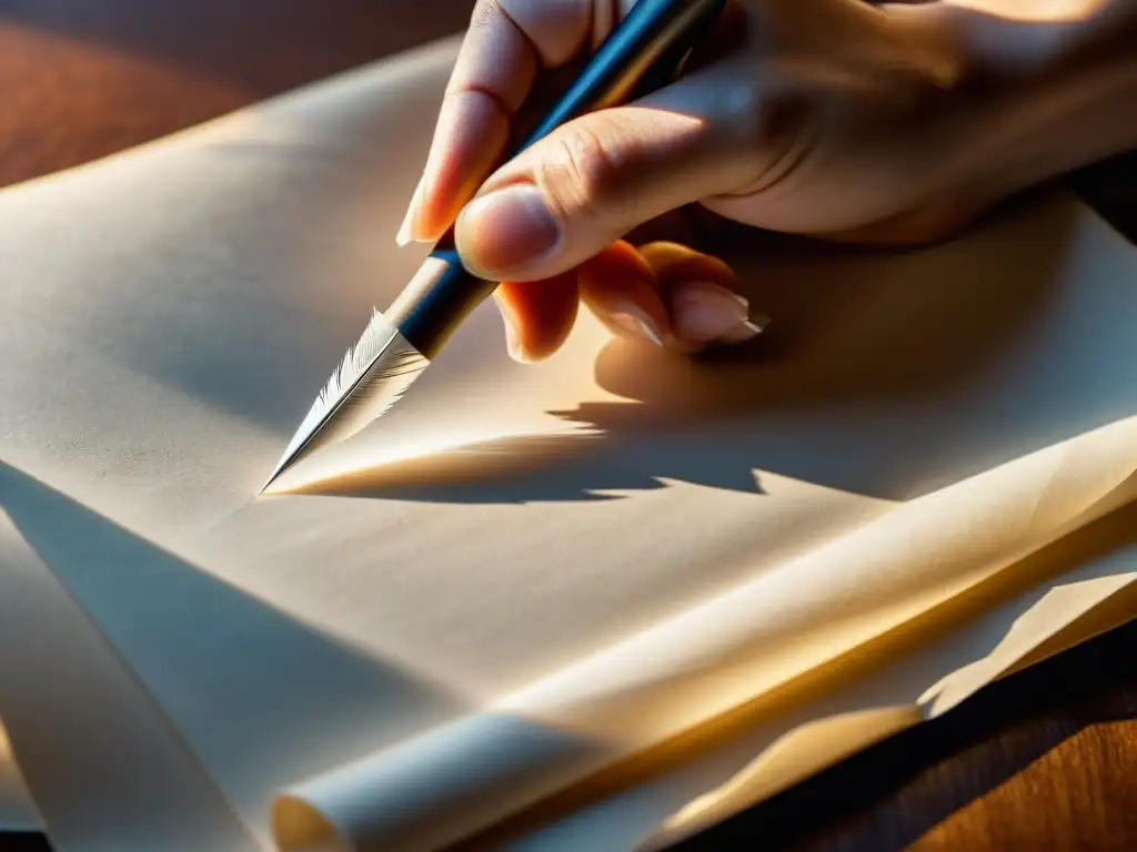 Una mano sostiene una pluma sobre un pergamino en una imagen detallada, destacando la importancia de los derechos de autor para autores independientes