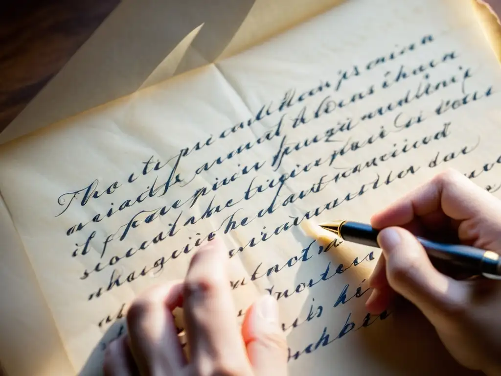 Mano escribiendo con pluma en pergamino, creando texto único