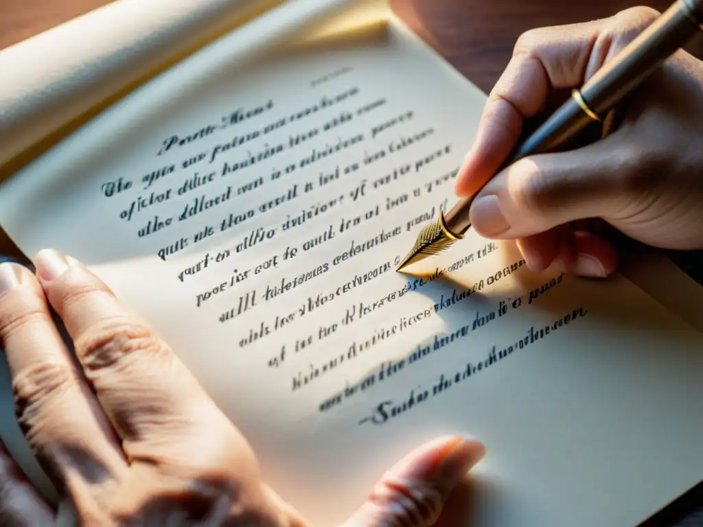 La mano de un poeta sostiene delicadamente una pluma sobre un papel en blanco, transmitiendo creatividad y dedicación a la poesía