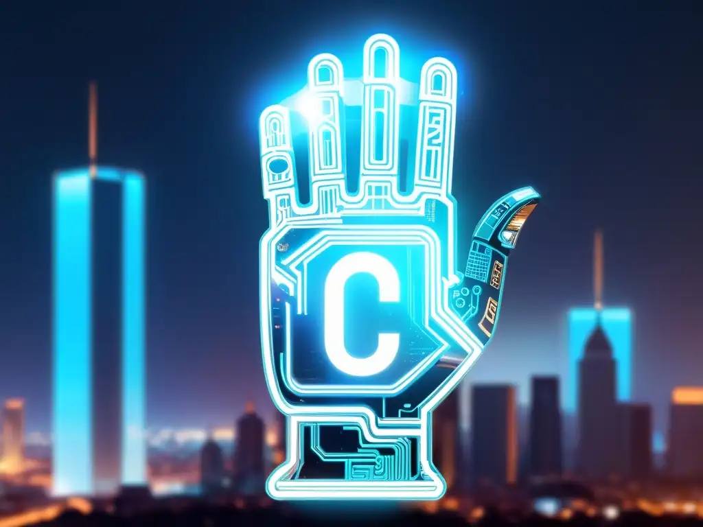 Una mano de robot futurista sujeta un símbolo de copyright, rodeada de líneas de código y circuitos