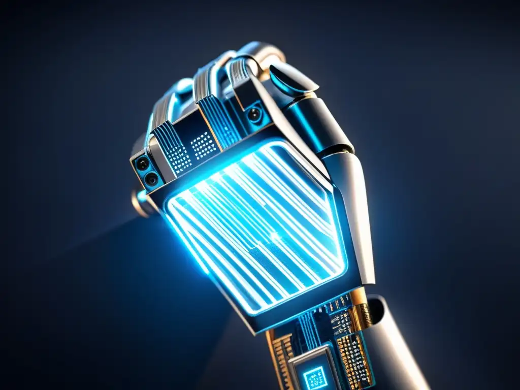 Una mano robótica futurista sostiene un chip de computadora, con circuitos intrincados y líneas azules brillantes, en un ambiente de alta tecnología