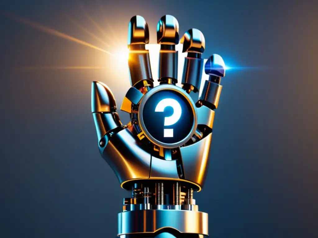 Una mano robótica sostiene el símbolo de marca, rodeada de tecnología futurista y elementos de inteligencia artificial