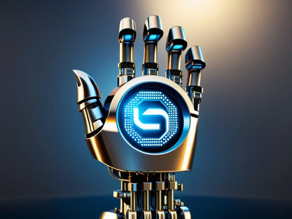 Una mano de robot metálica sostiene el símbolo de marca registrada, con reflejos de código binario y circuitos digitales